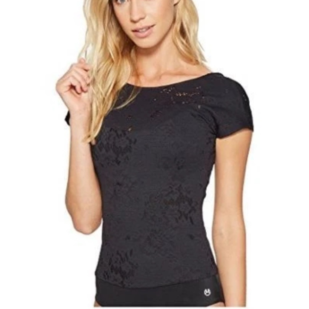 Maaji Black Fitted Cap Sleeve Knit Lace Eyelet Bodysuit